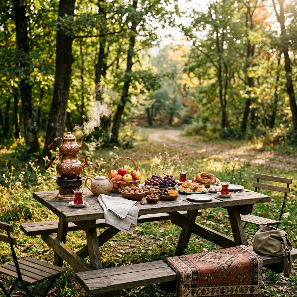 Traditional Turkish copper samovar tea and simit on a rustic picnic table in Çatalca forest, Istanbul