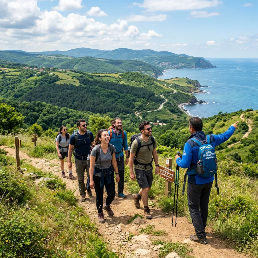 Guide pointing to Black Sea coastline as hikers walk a Çatalca hilltop trail near Istanbul