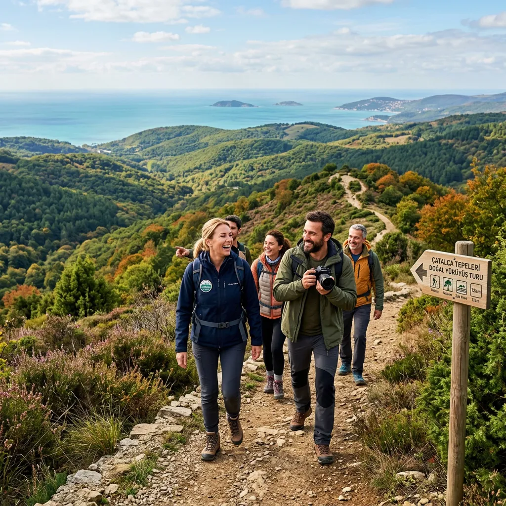 Cheerful group hiking past a Çatalca Hills nature trail signpost with Black Sea and autumn hills behind, Istanbul