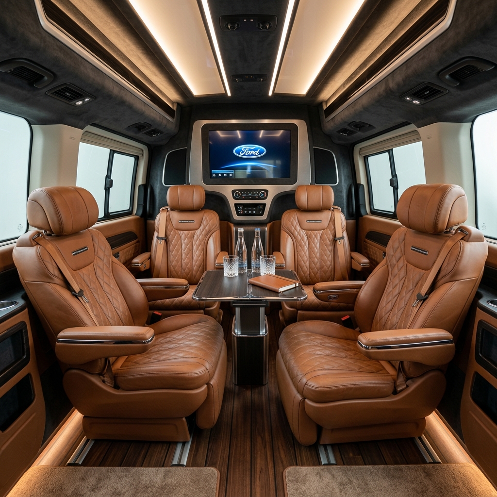 Ford Tourneo interior cabin passenger seats, bright Istanbul VIP transfer minivan with large windows