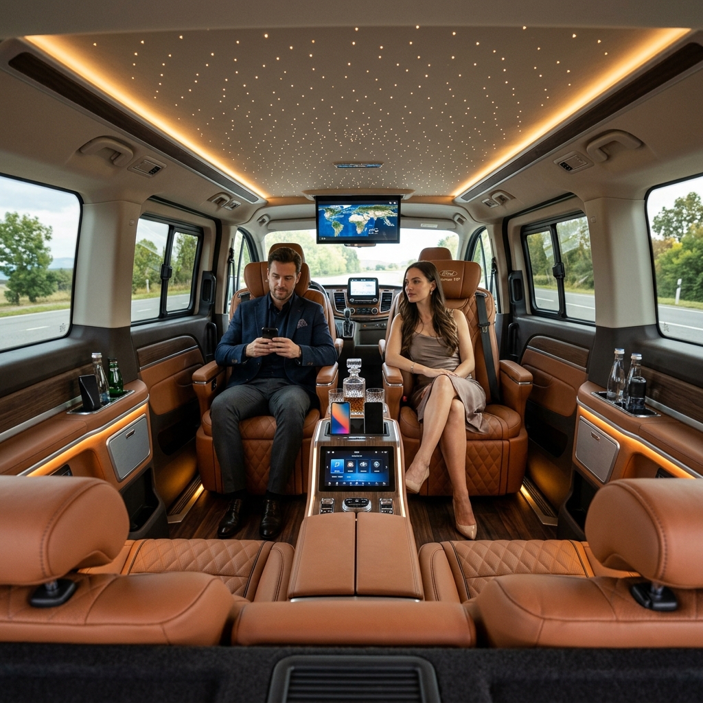 Ford Tourneo interior comfort detail, rear climate control and flexible third-row seats Istanbul airport VIP transfer