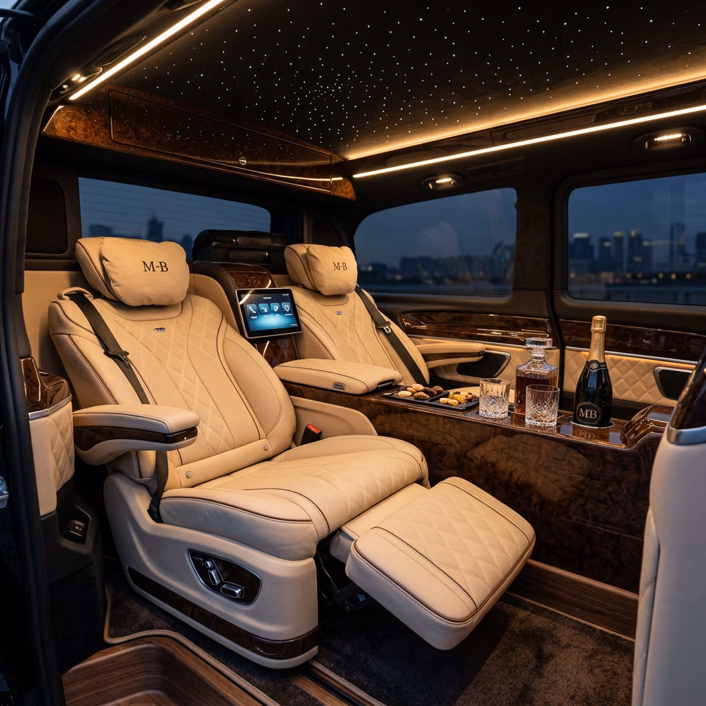 Dettaglio interno del Mercedes Vito, rifiniture premium in pelle Nappa, comfort transfer VIP a Istanbul