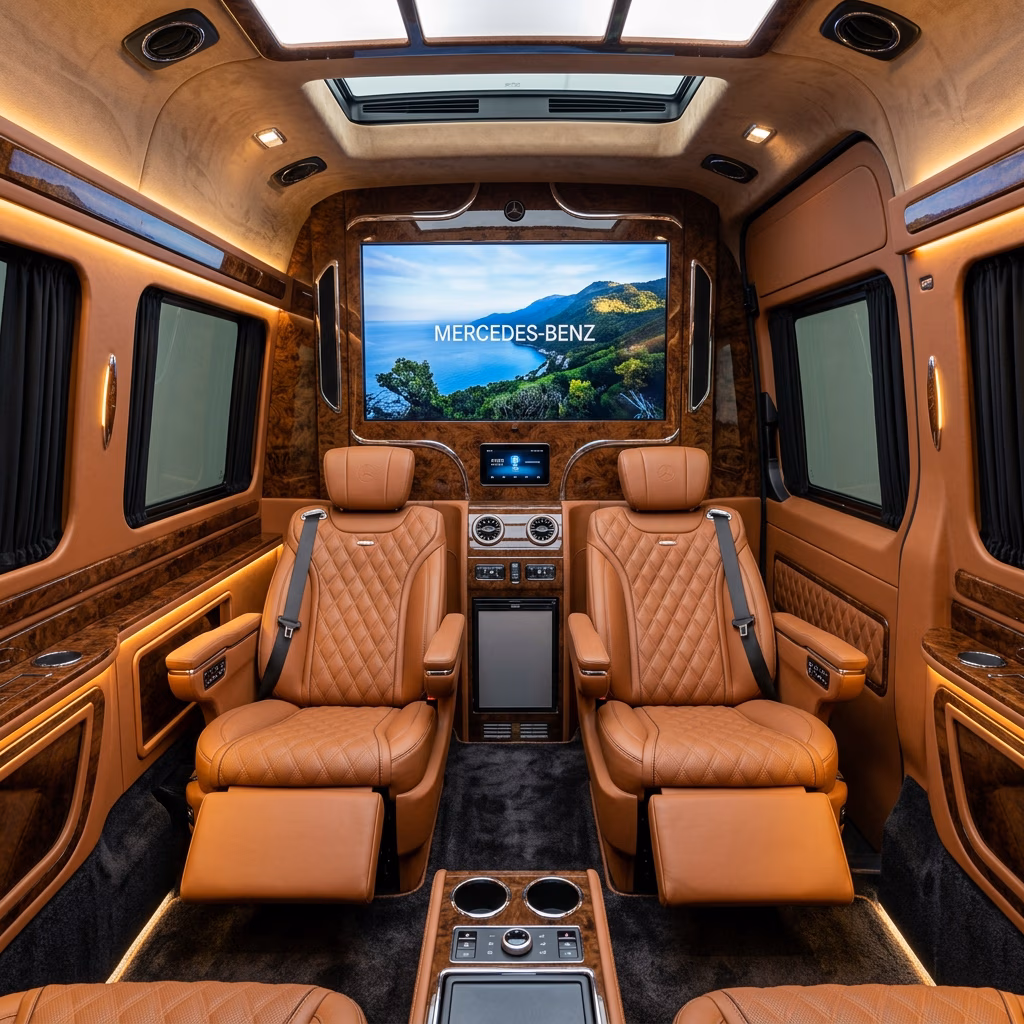 Mercedes Sprinter interior detail of seat and luggage rack, premium Istanbul group journey