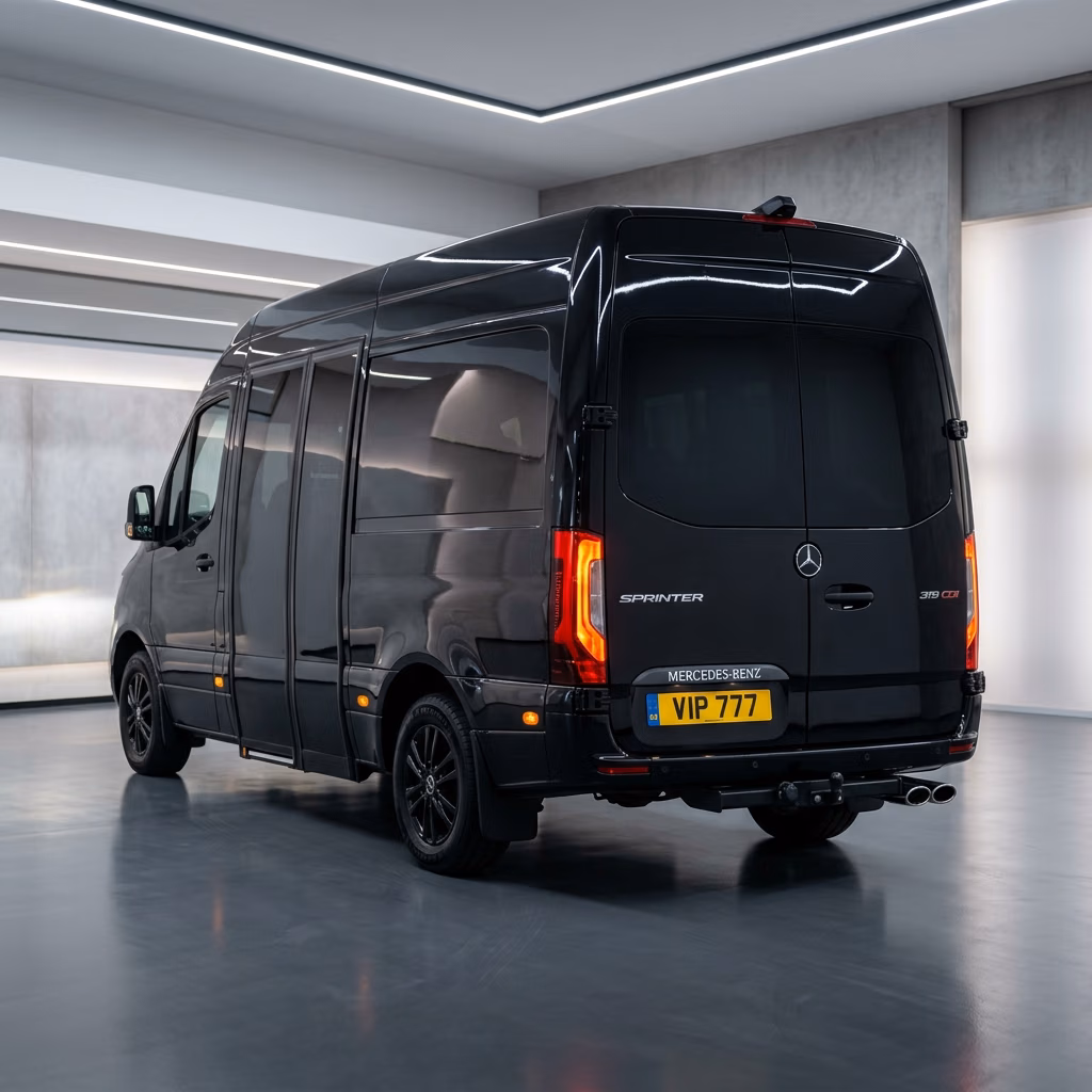 White Mercedes Sprinter midibus rear view, wide luggage door for Istanbul group transfer
