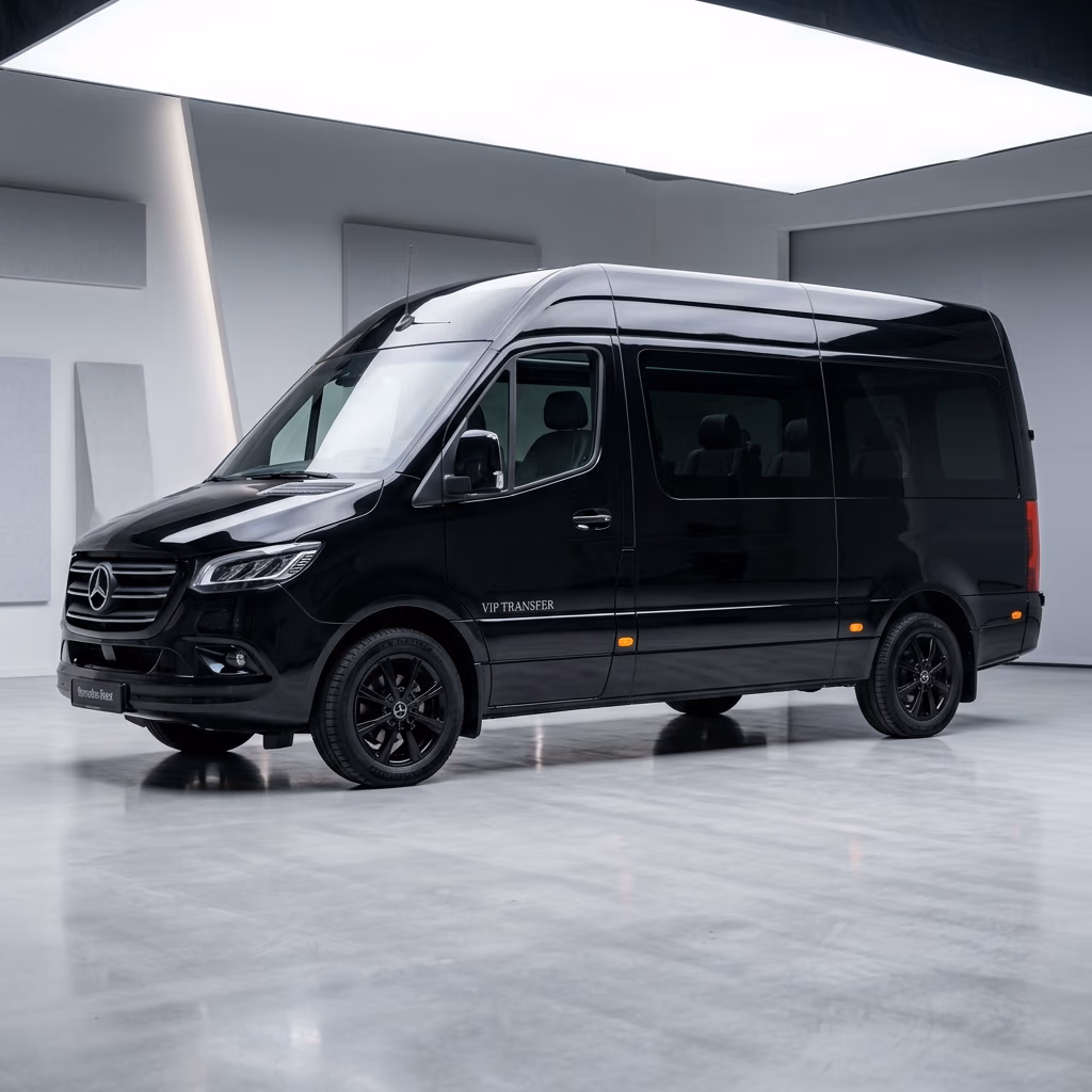 White Mercedes Sprinter midibus side profile view, high roof for Istanbul airport transfer