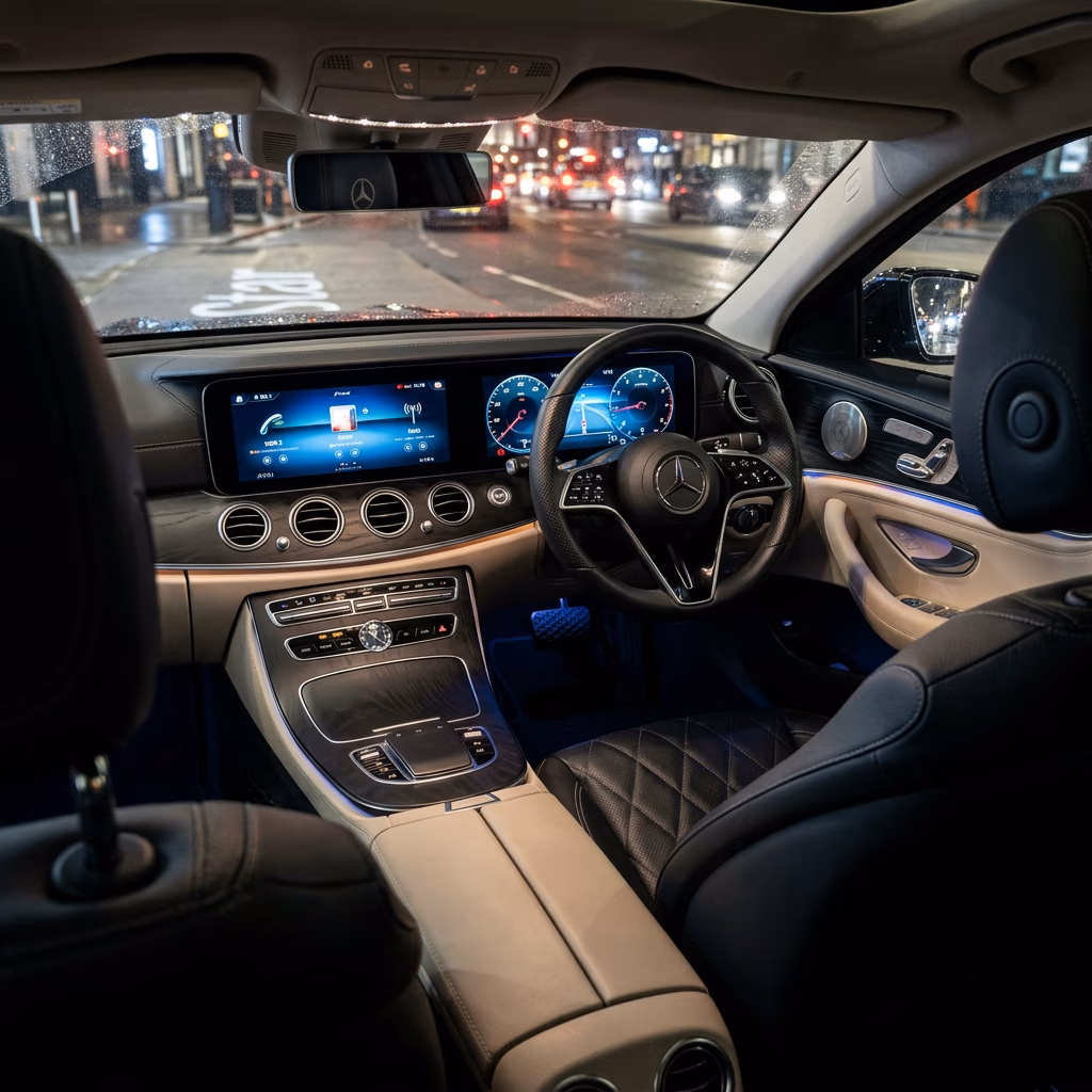 Dettaglio interno Mercedes Classe E — plancia premium e finiture, transfer VIP Istanbul