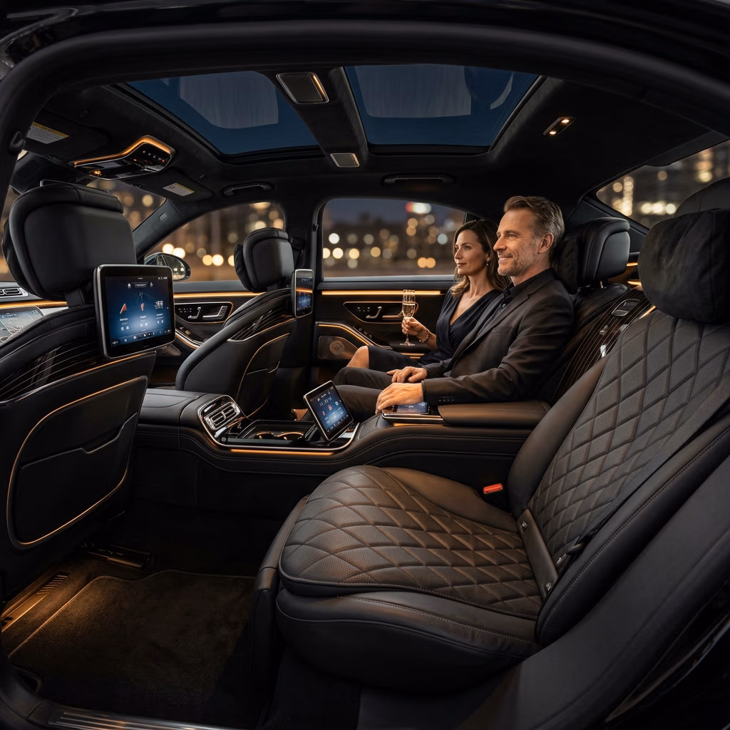 Mercedes S Class rear cabin interior — massage seats, silent luxury Istanbul VIP transfer