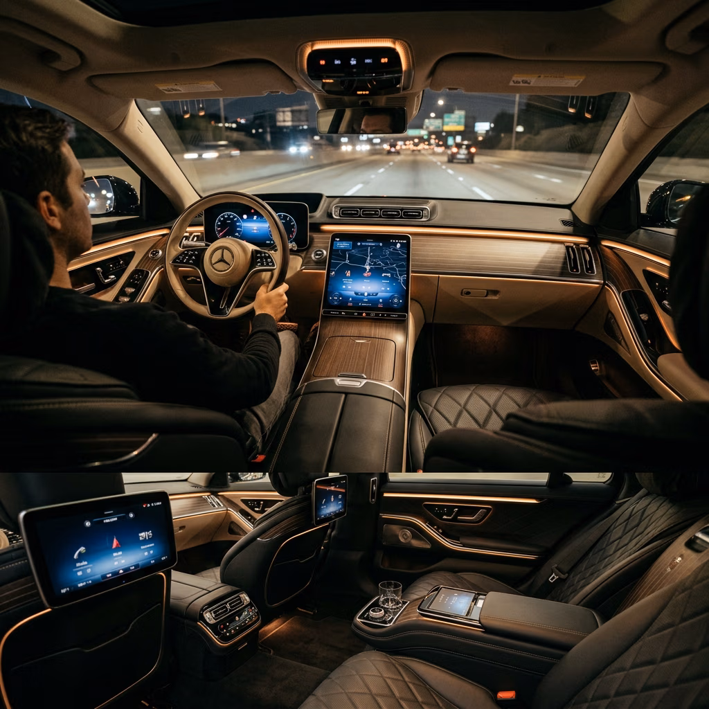 Mercedes S Class interior detail — premium leather and wood trim, diplomatic comfort Istanbul VIP transfer