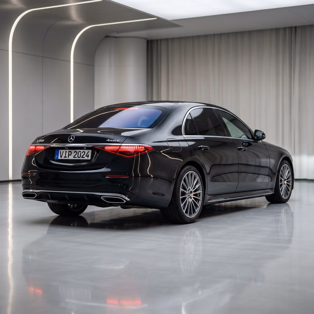 Black Mercedes S Class luxury sedan rear view — Istanbul IST airport VIP transfer vehicle