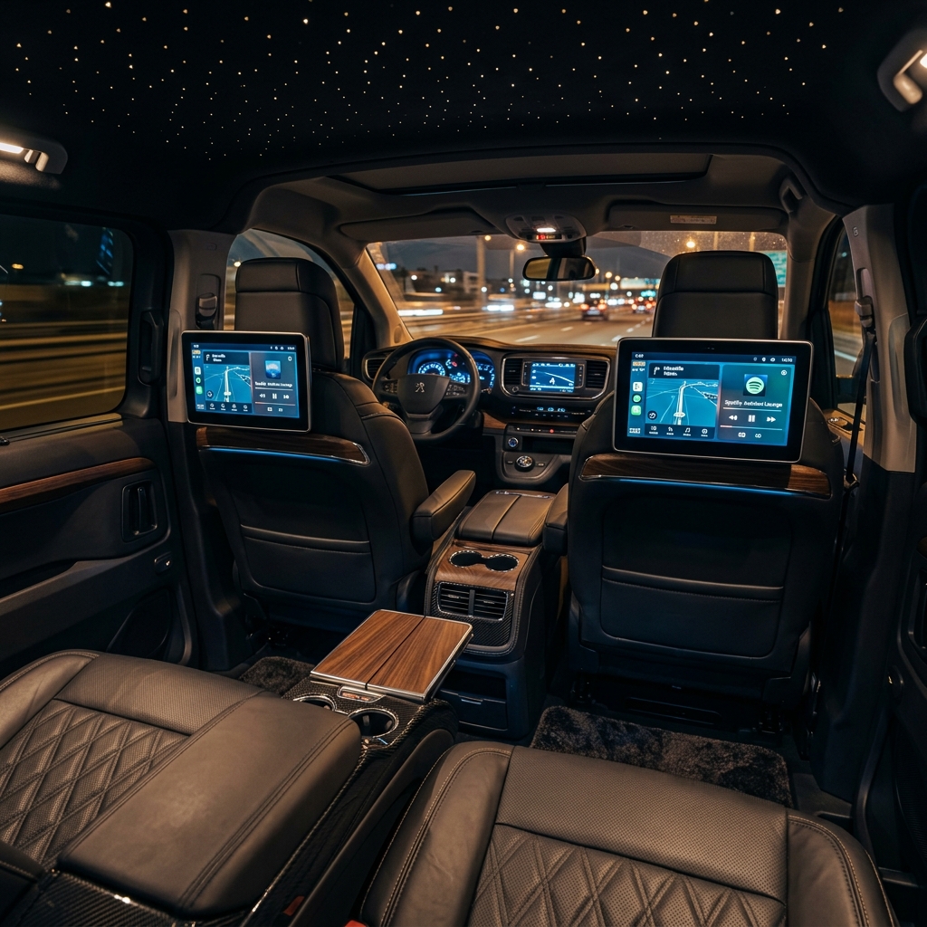Peugeot Traveller interior detail, USB-C charging and rear climate comfort Istanbul transfer