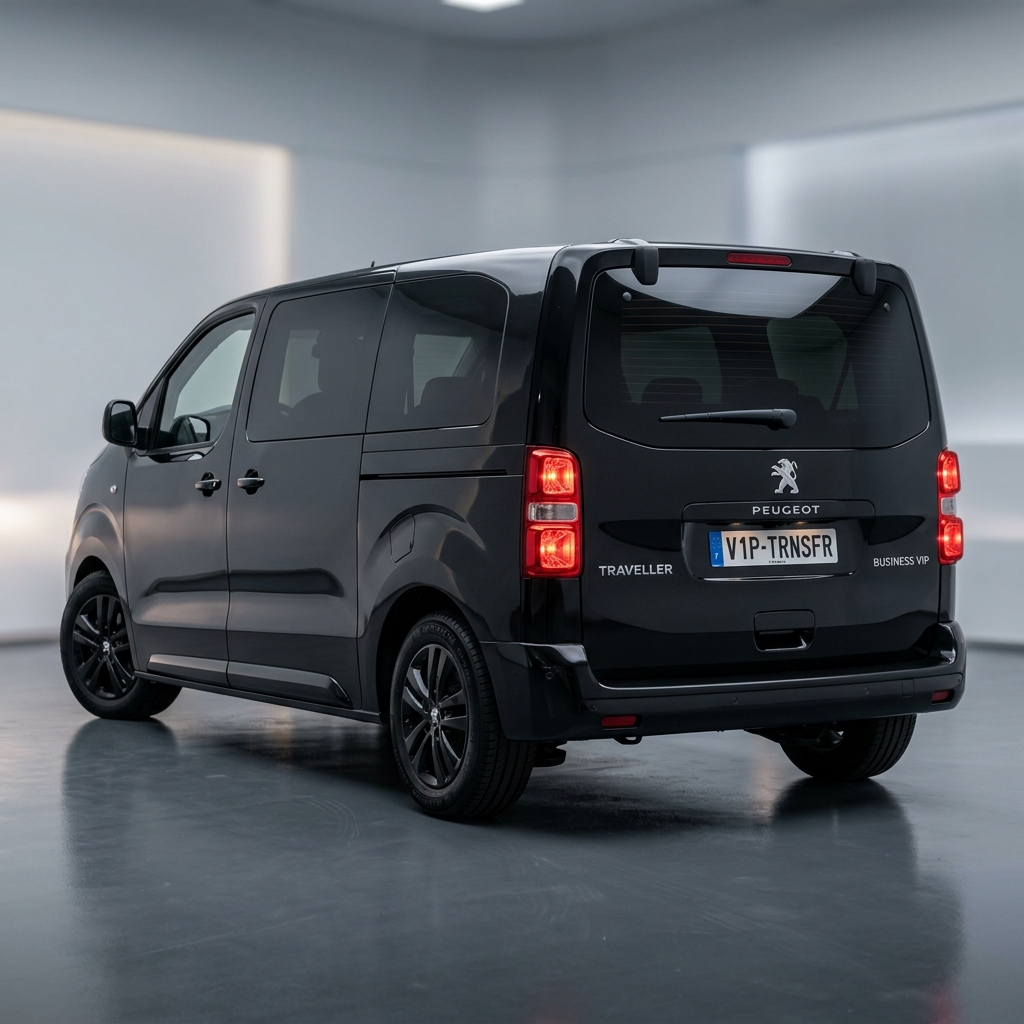 Grey Peugeot Traveller minivan rear view, spacious luggage area Istanbul transfer